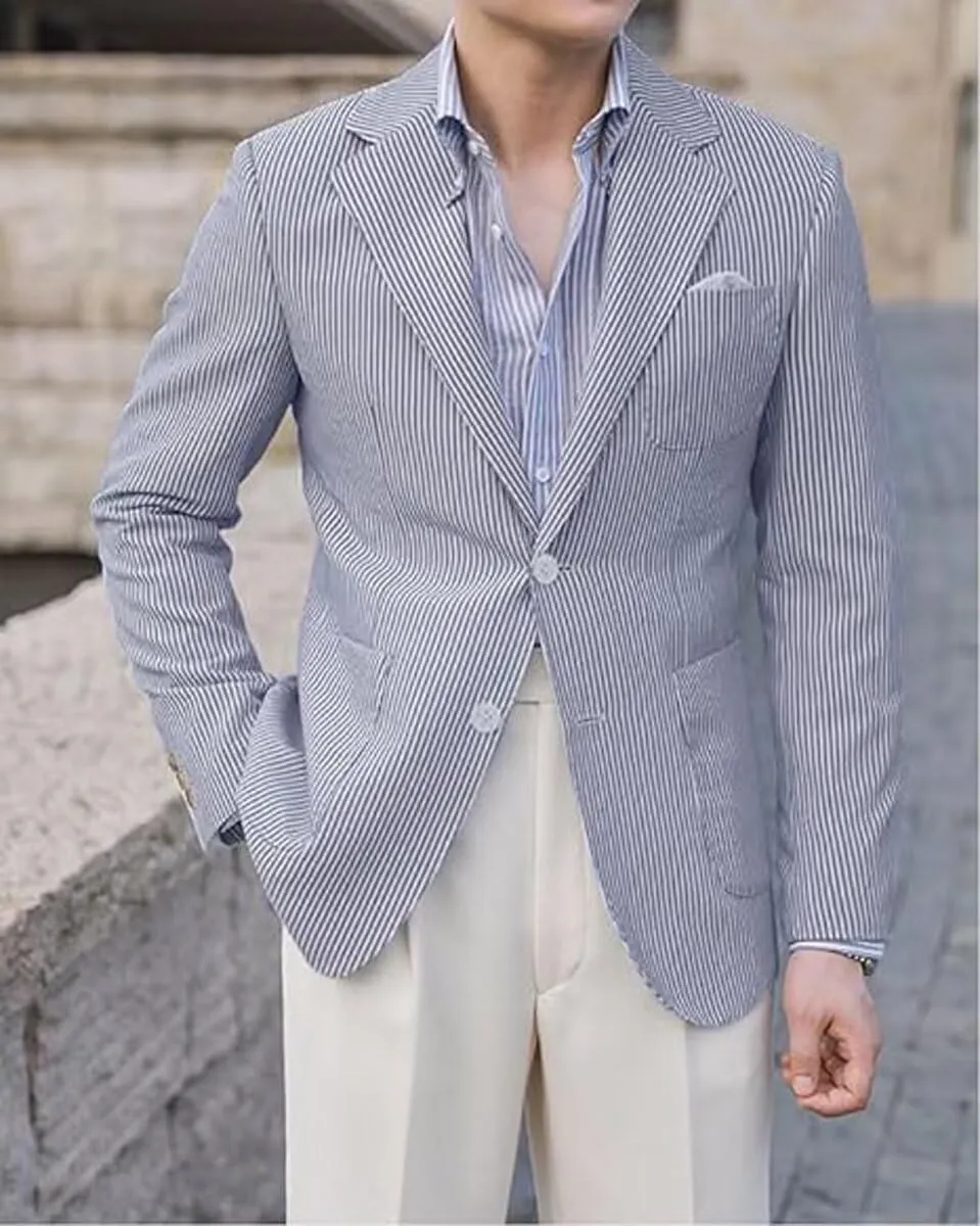 Men Seersucker Sports Jacket Suits Coat Classic Summer Blazer Seersucker Suit for Men Beach Wedding Tuxedo Blazers
