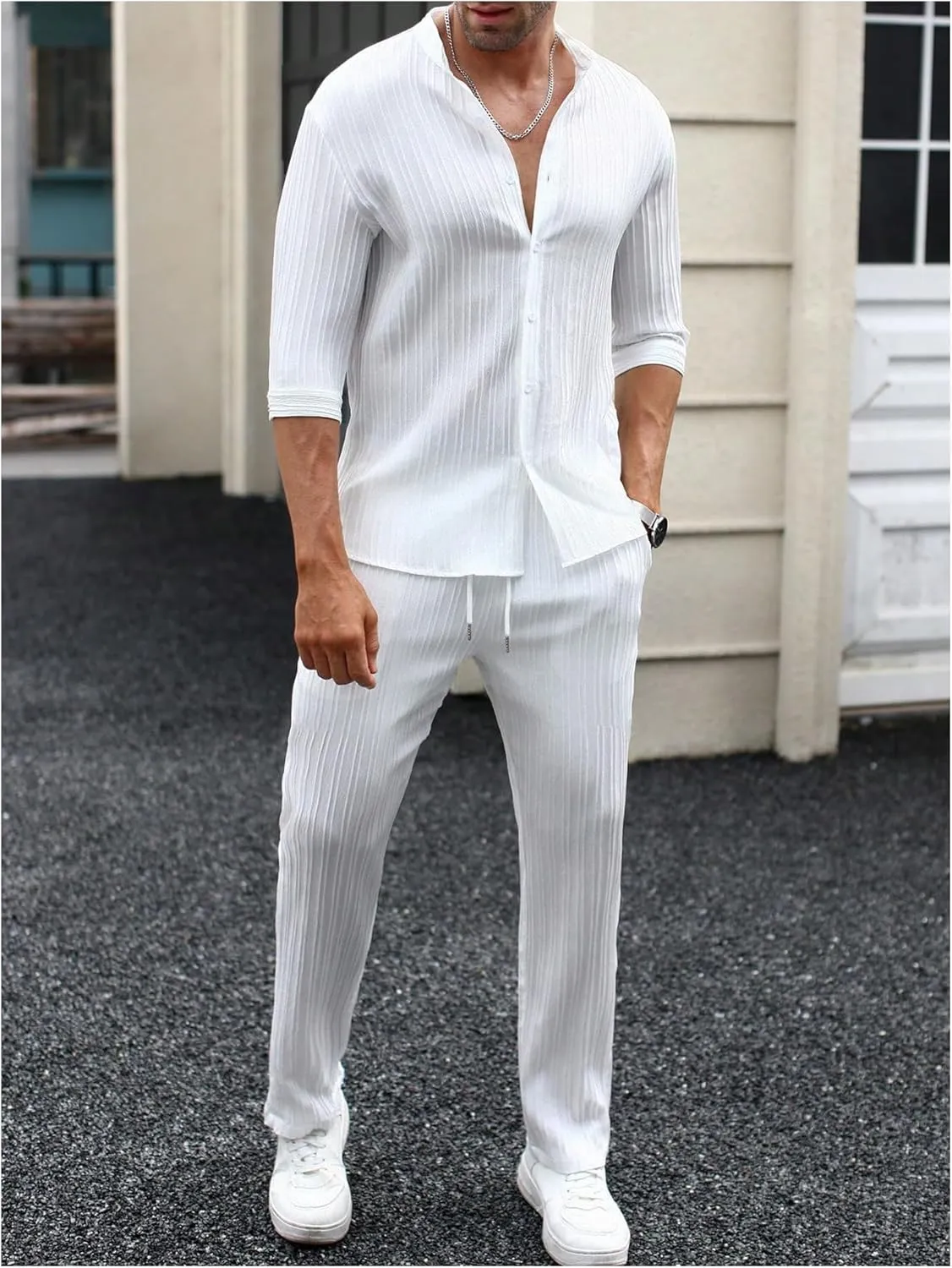 Men's 2 Piece Outfits 3/4 Sleeve Button Down Shirts and Drawstring High Waisted Pants Set Tracksuits