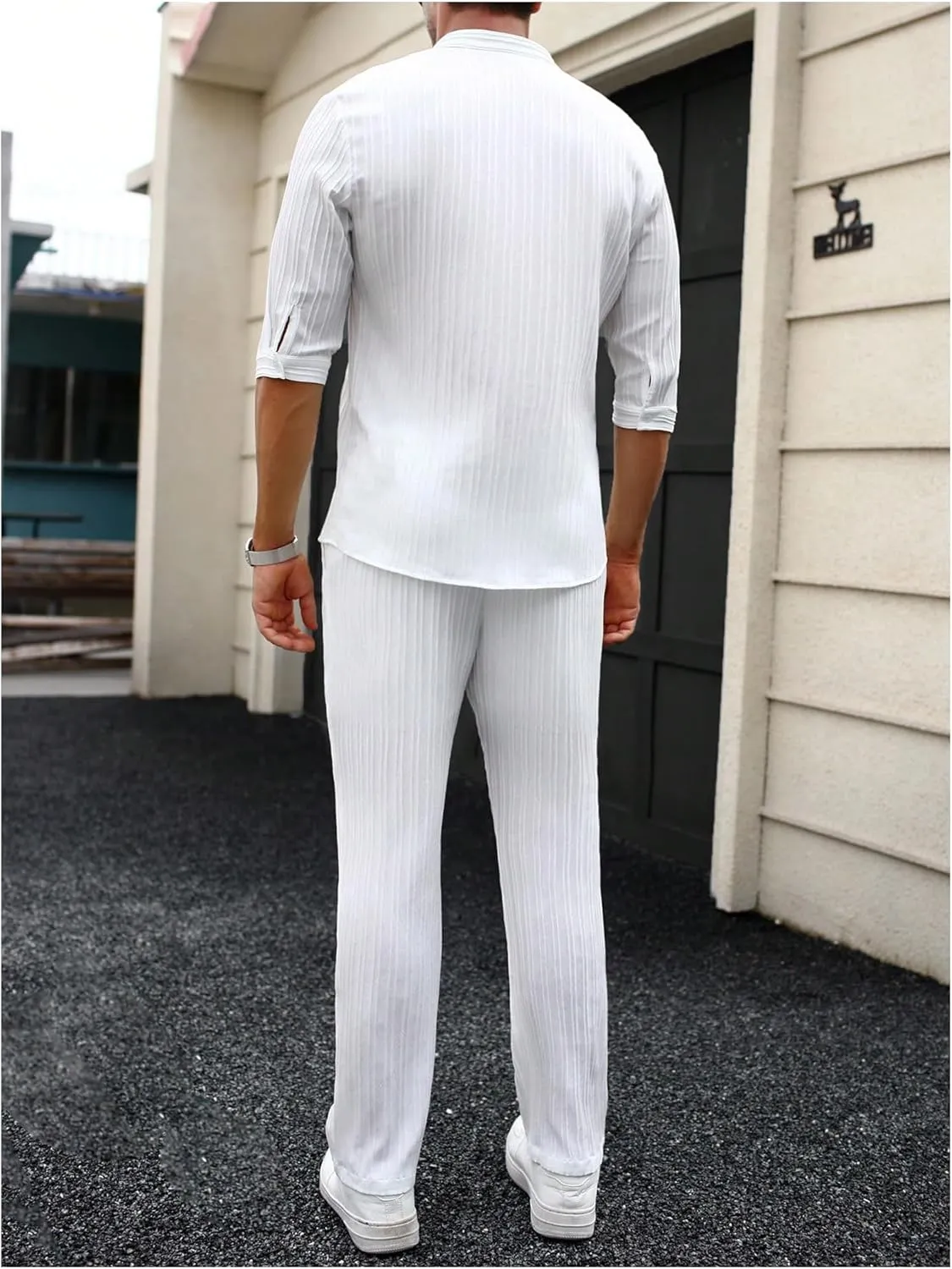 Men's 2 Piece Outfits 3/4 Sleeve Button Down Shirts and Drawstring High Waisted Pants Set Tracksuits