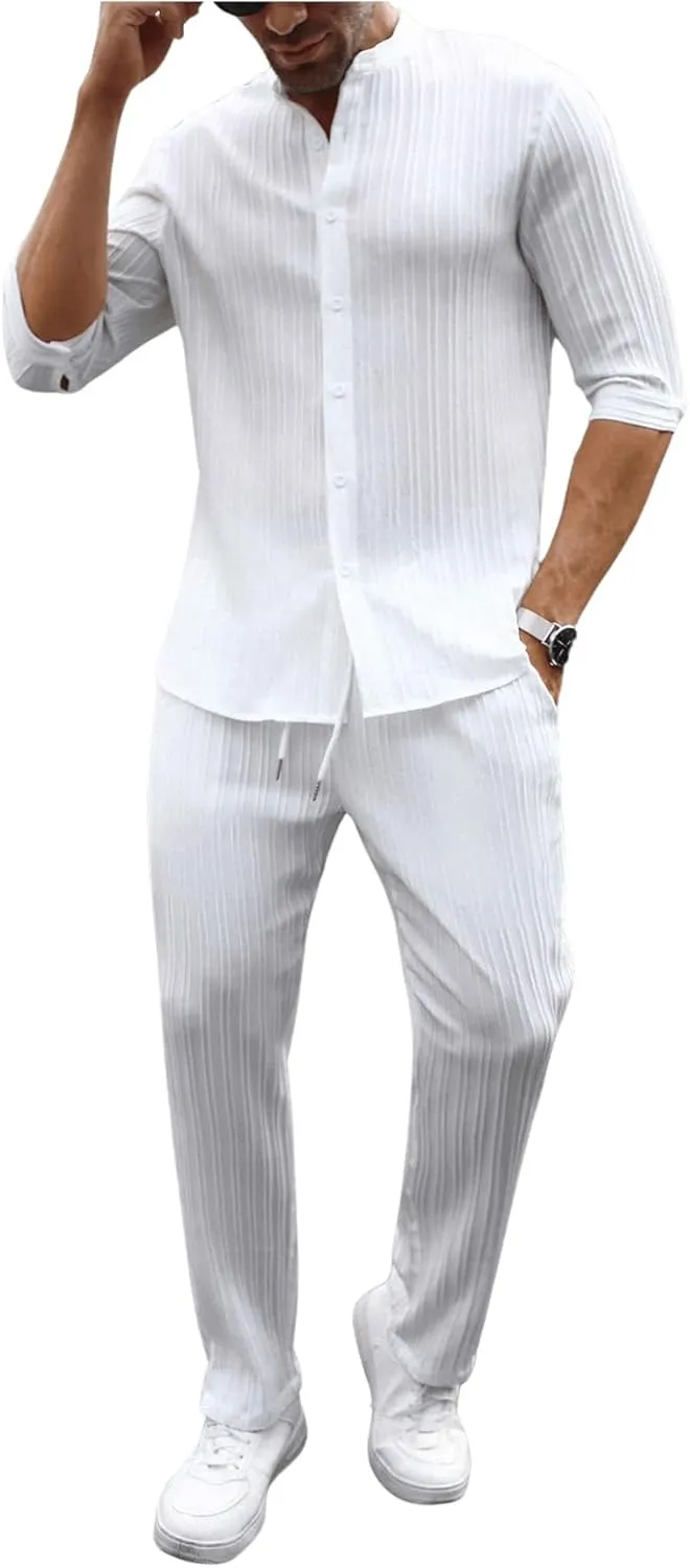 Men's 2 Piece Outfits 3/4 Sleeve Button Down Shirts and Drawstring High Waisted Pants Set Tracksuits