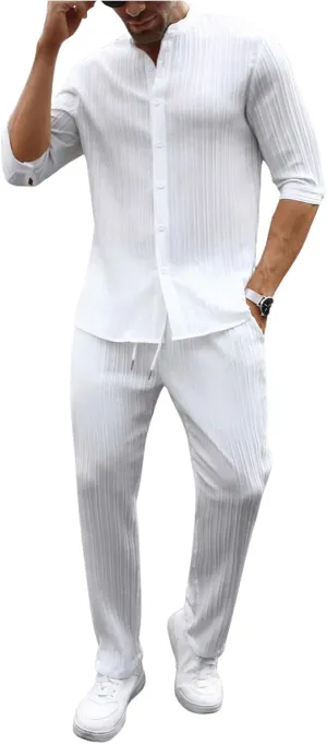 Men's 2 Piece Outfits 3/4 Sleeve Button Down Shirts and Drawstring High Waisted Pants Set Tracksuits