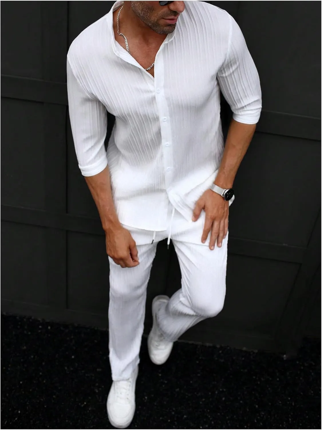 Men's 2 Piece Outfits 3/4 Sleeve Button Down Shirts and Drawstring High Waisted Pants Set Tracksuits