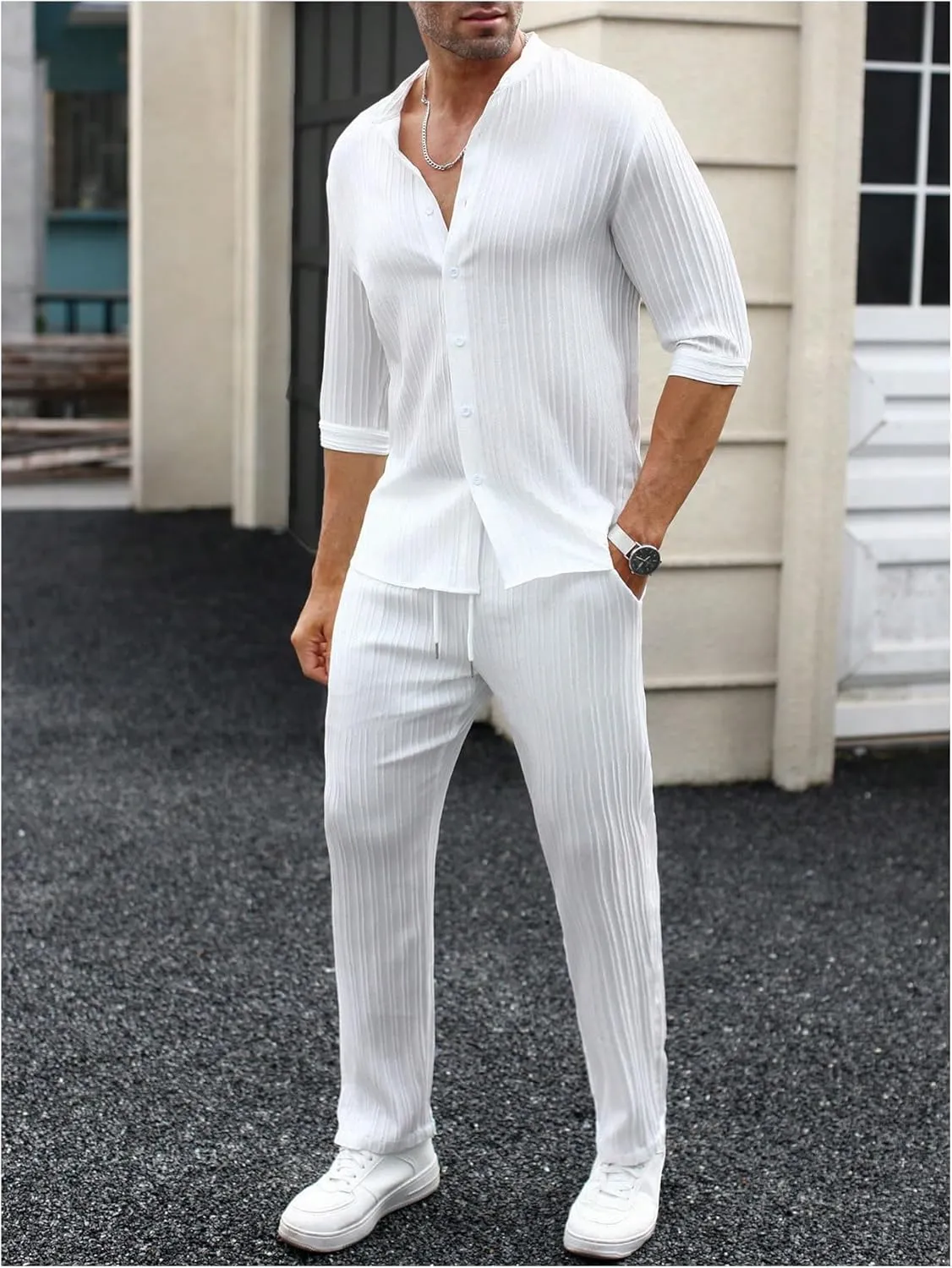 Men's 2 Piece Outfits 3/4 Sleeve Button Down Shirts and Drawstring High Waisted Pants Set Tracksuits
