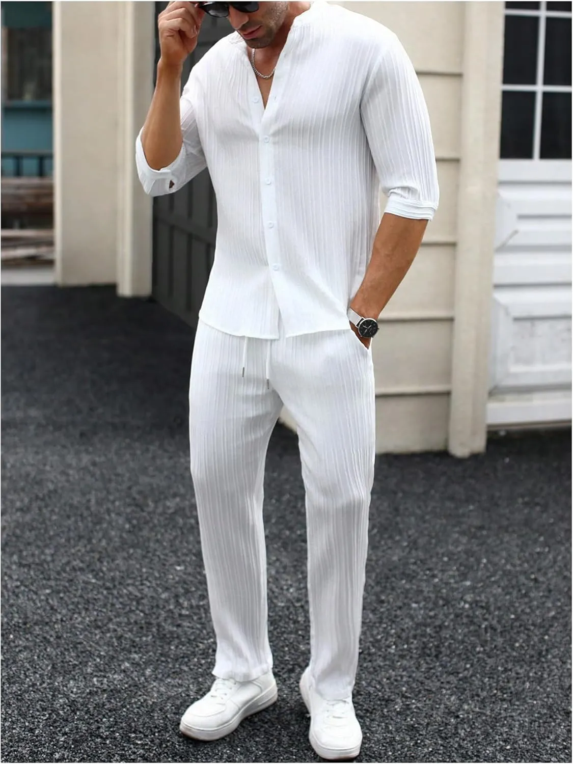 Men's 2 Piece Outfits 3/4 Sleeve Button Down Shirts and Drawstring High Waisted Pants Set Tracksuits