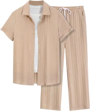 Men's 2 Piece Outfits Short Sleeve Button Down Shirts Drawstring High Waisted Pants Vacation Sets