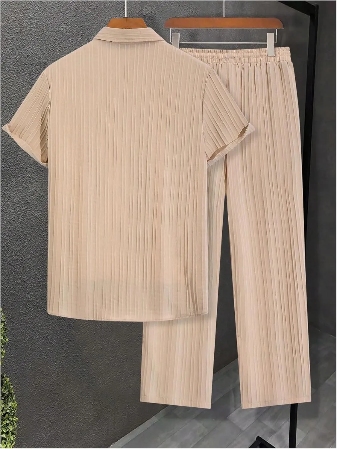 Men's 2 Piece Outfits Short Sleeve Button Down Shirts Drawstring High Waisted Pants Vacation Sets