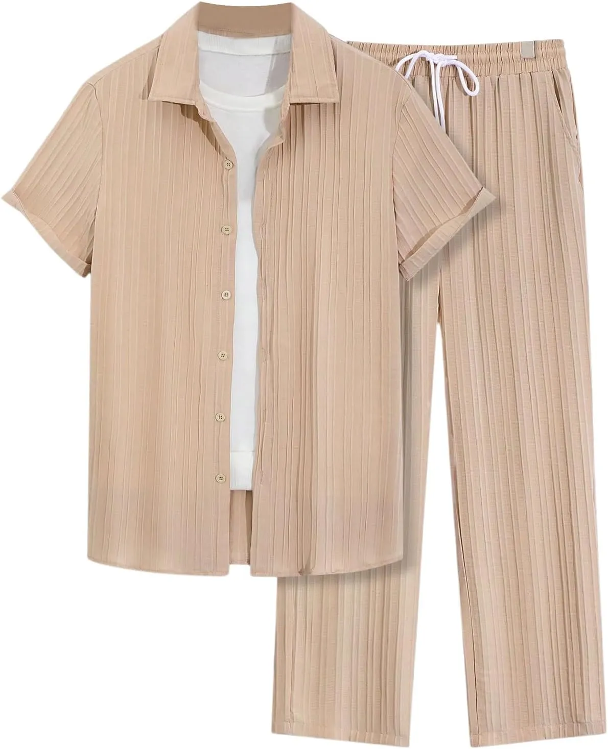 Men's 2 Piece Outfits Short Sleeve Button Down Shirts Drawstring High Waisted Pants Vacation Sets