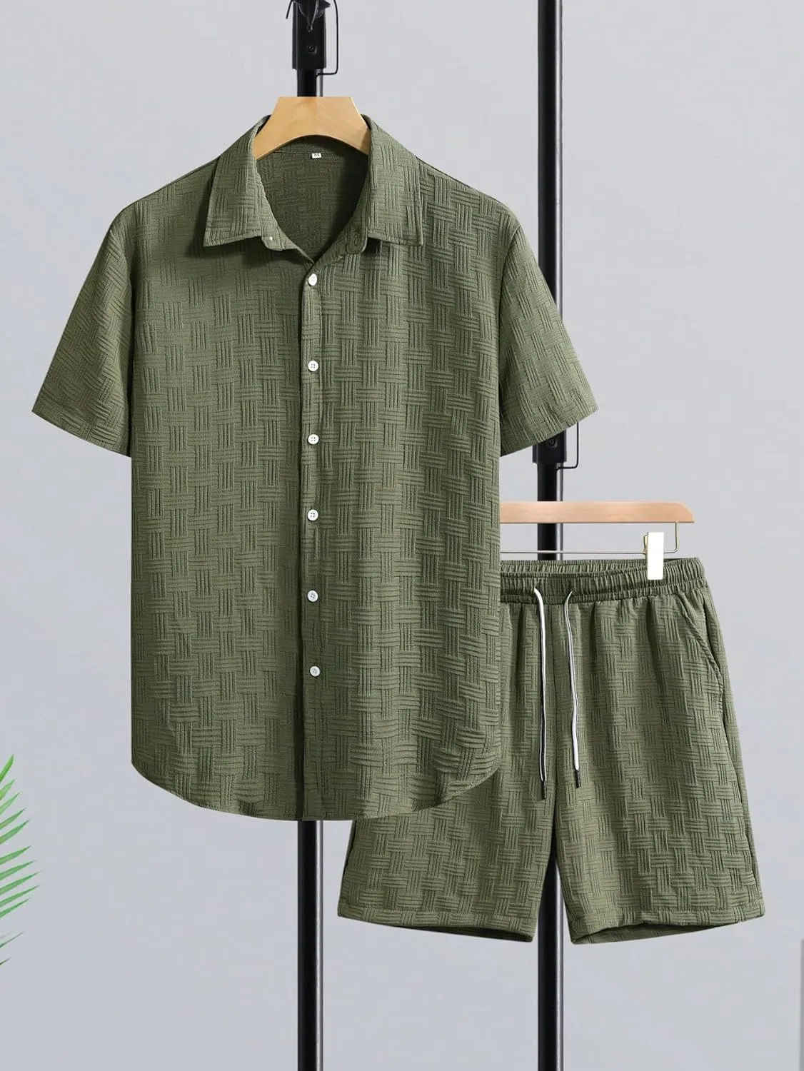 Men's 2 Piece Outfits Short Sleeve Button Down Shirts Summer Beach Texture Shorts Casual Vacation Set