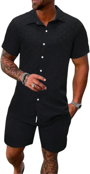 Men's 2 Piece Outfits Short Sleeve Button Down Shirts Summer Beach Texture Shorts Casual Vacation Set
