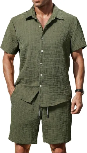 Men's 2 Piece Outfits Short Sleeve Button Down Shirts Summer Beach Texture Shorts Casual Vacation Set