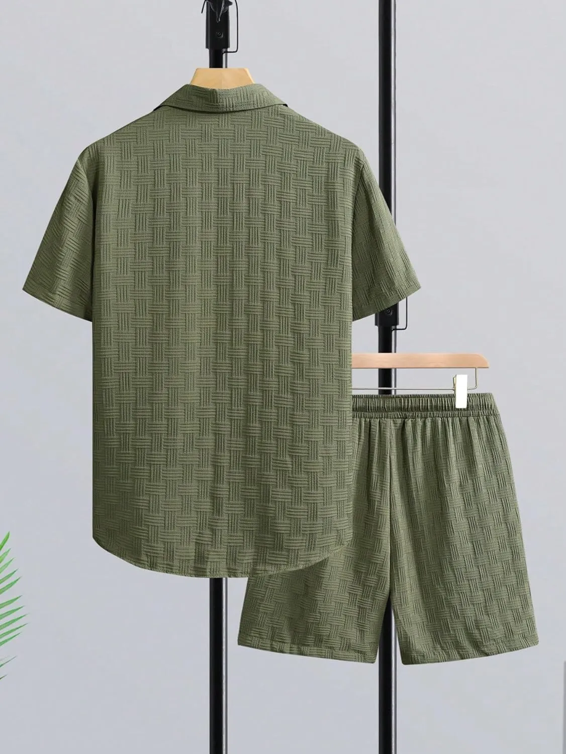 Men's 2 Piece Outfits Short Sleeve Button Down Shirts Summer Beach Texture Shorts Casual Vacation Set