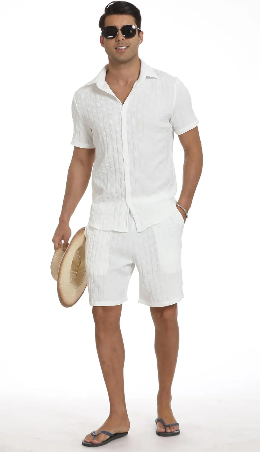 Men's 2 Piece Outfits Short Sleeve Button Down Shirts Summer Beach Texture Shorts Casual Vacation Set