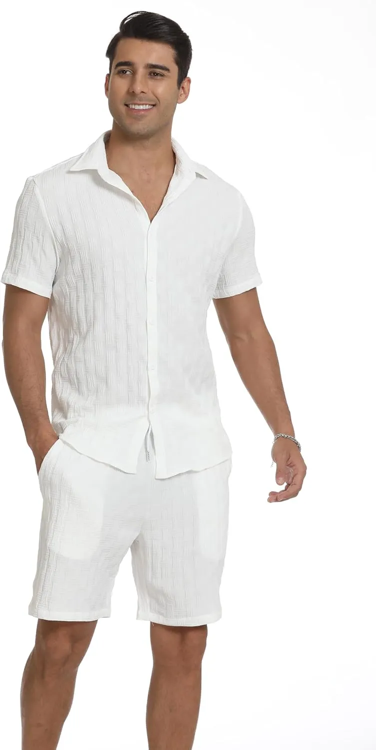 Men's 2 Piece Outfits Short Sleeve Button Down Shirts Summer Beach Texture Shorts Casual Vacation Set