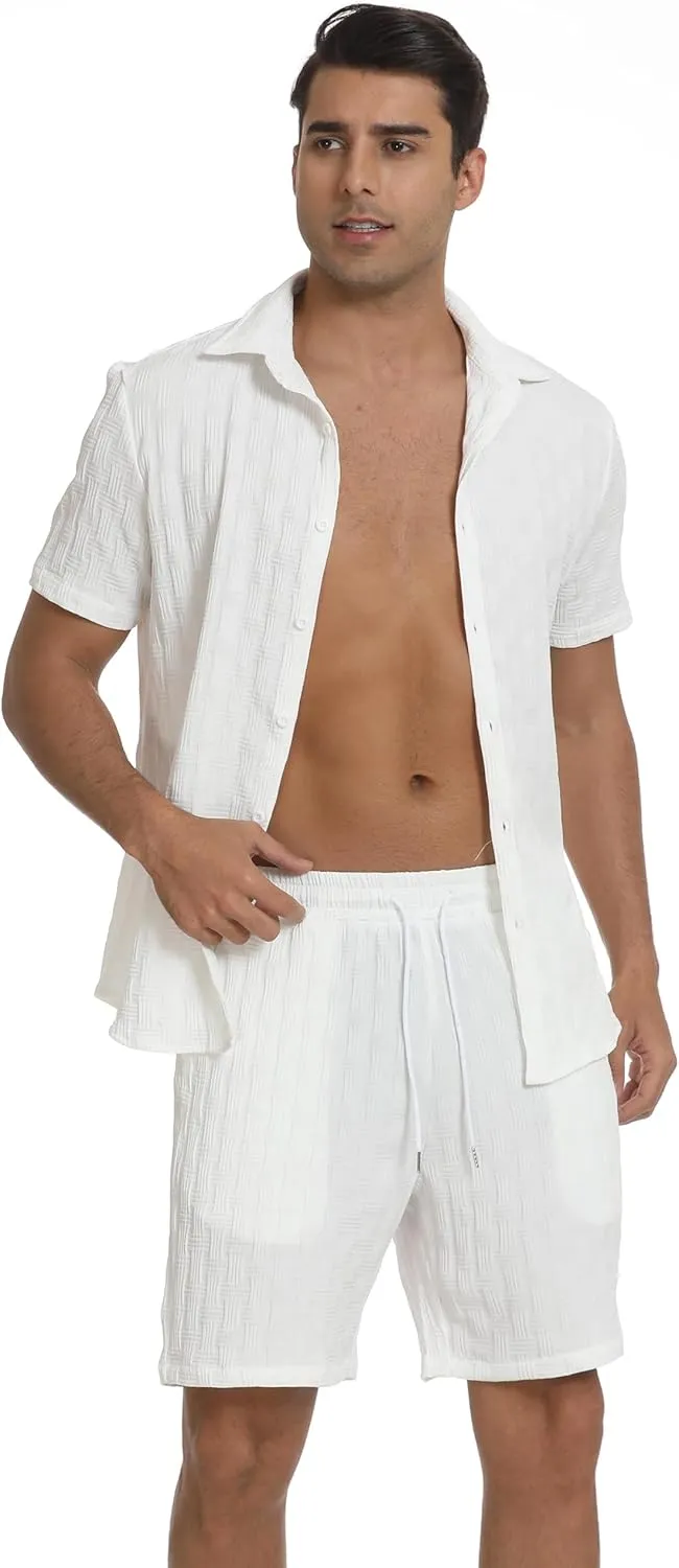 Men's 2 Piece Outfits Short Sleeve Button Down Shirts Summer Beach Texture Shorts Casual Vacation Set