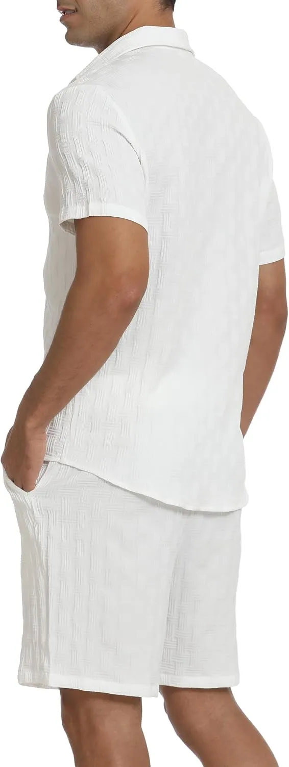 Men's 2 Piece Outfits Short Sleeve Button Down Shirts Summer Beach Texture Shorts Casual Vacation Set