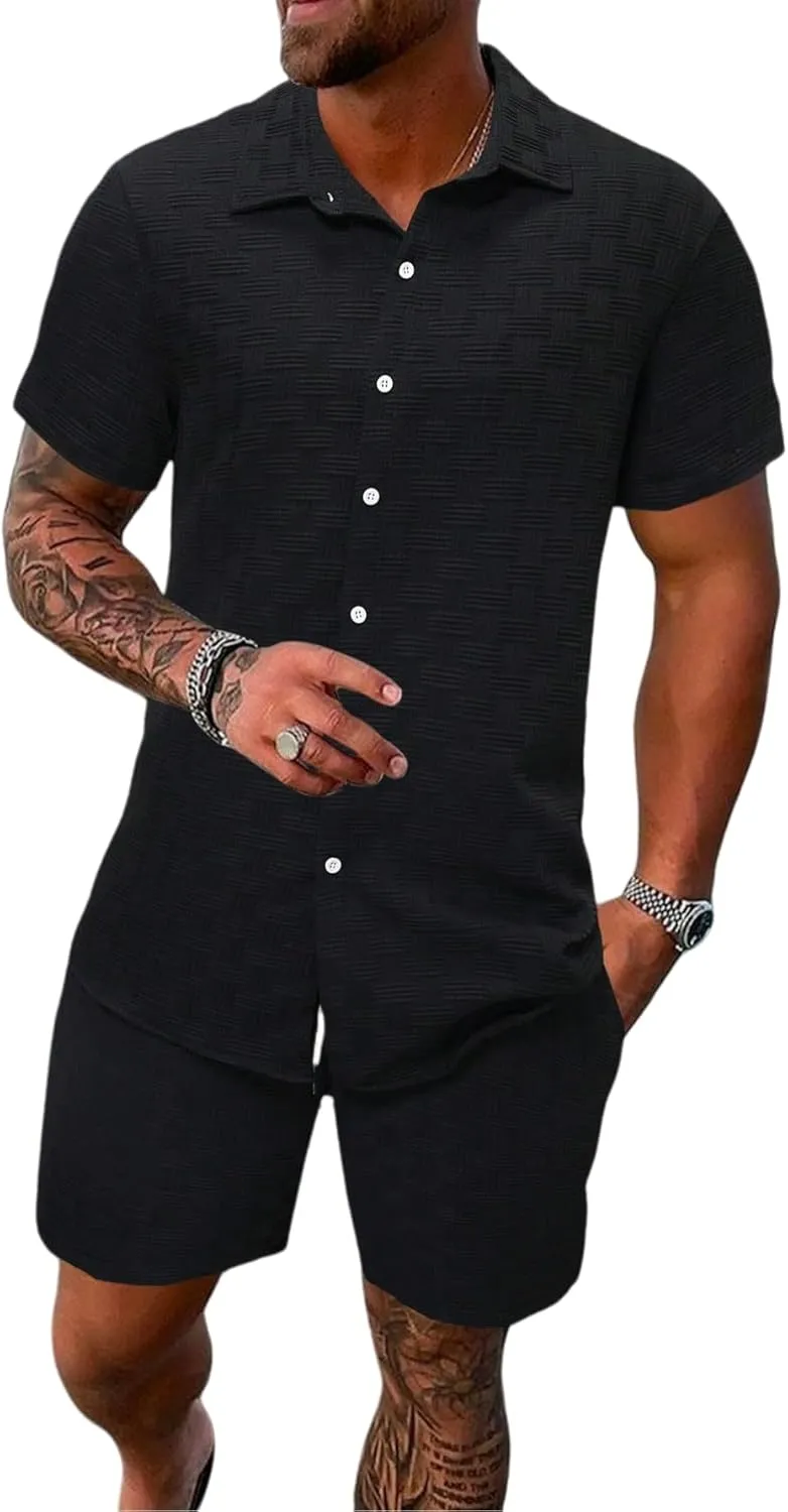 Men's 2 Piece Outfits Short Sleeve Button Down Shirts Summer Beach Texture Shorts Casual Vacation Set