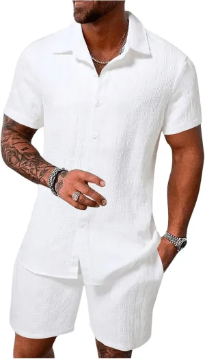 Men's 2 Piece Outfits Short Sleeve Button Down Shirts Summer Beach Texture Shorts Casual Vacation Set