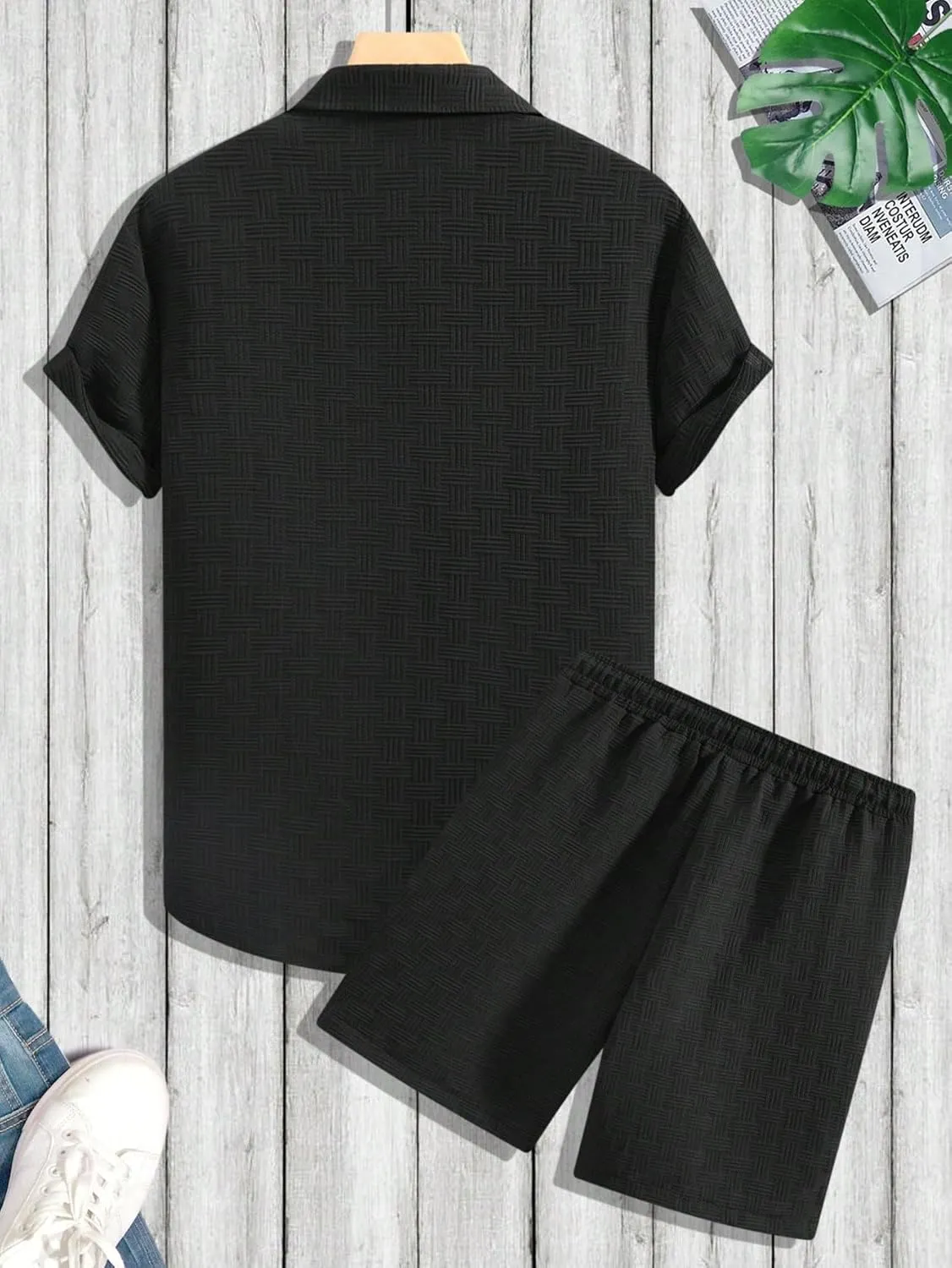 Men's 2 Piece Outfits Short Sleeve Button Down Shirts Summer Beach Texture Shorts Casual Vacation Set