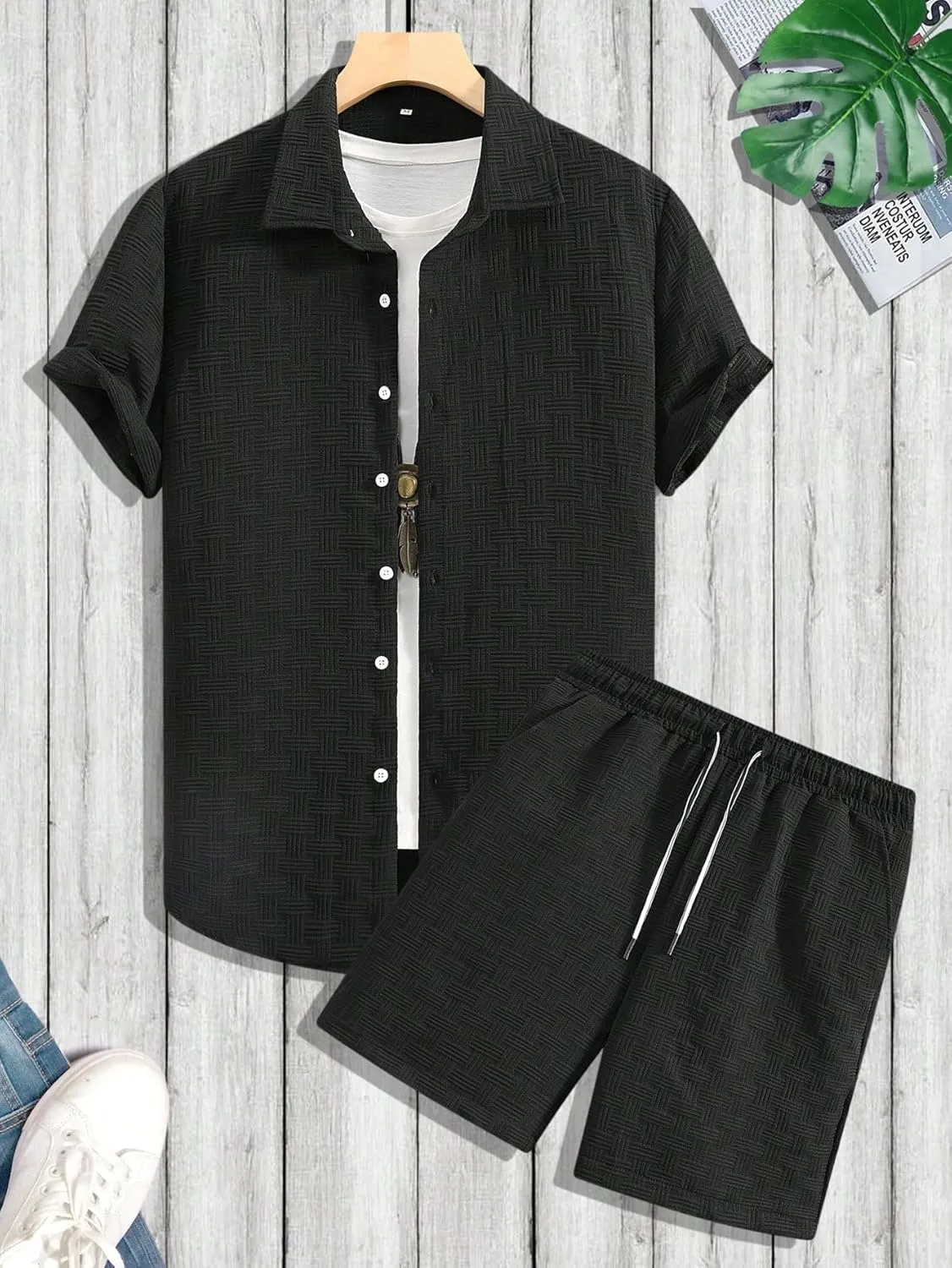 Men's 2 Piece Outfits Short Sleeve Button Down Shirts Summer Beach Texture Shorts Casual Vacation Set