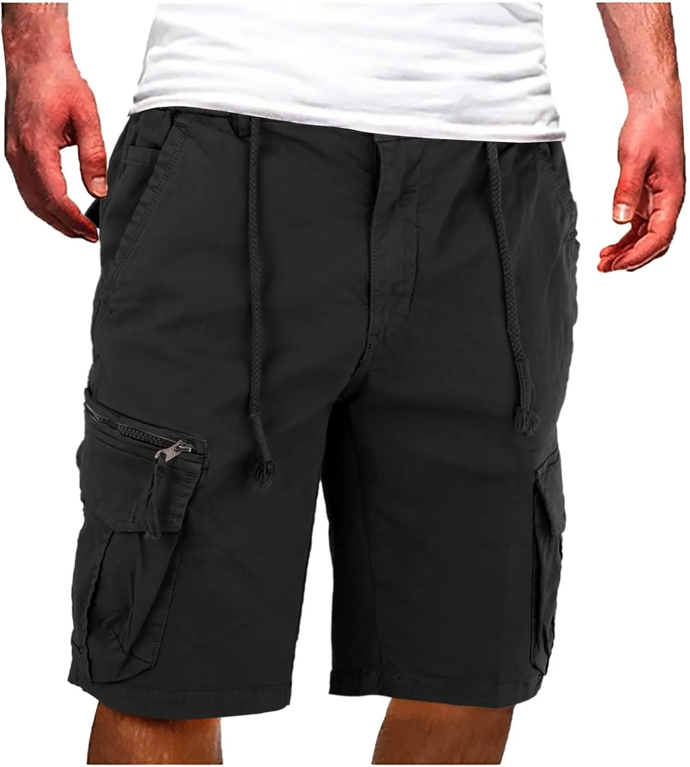 Mens 2024 Cargo Shorts Drawstring Straight Leg Baggy Combat Hiking Fishing Pants High Waist Solid Color Jogger Casual Bermuda