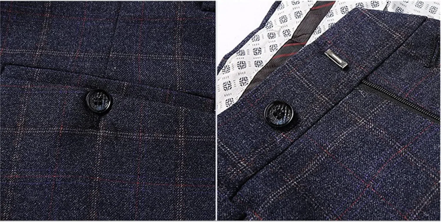 Men's 3 Piece Plaid Suit Check Single Breasted One Button Blazer Set Vintage Formal Dress Party Jacket Vest Pants