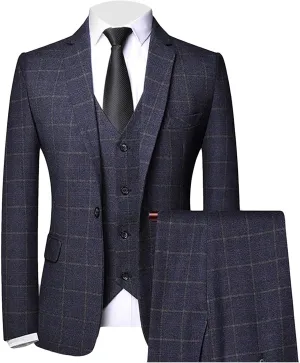 Men's 3 Piece Plaid Suit Check Single Breasted One Button Blazer Set Vintage Formal Dress Party Jacket Vest Pants