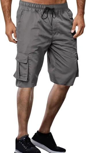 Mens Casual Fashion Cargo Pants Capris Expandable Waisted Drawstring Shorts Multi-Pockets Hiking Fishing Combat Cropped Pants