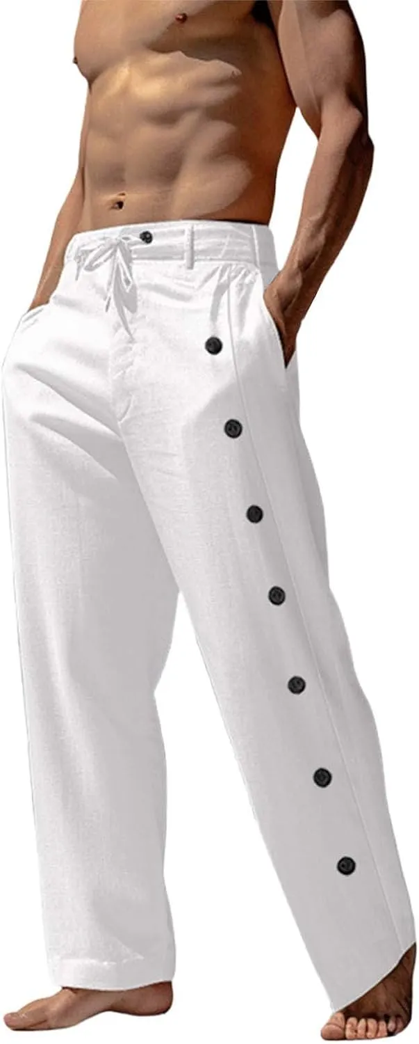Mens Casual Long Pants Side Button Down Design Straight Leg Summer Lightweight Trousers Outdoor Hiking Traveling Combat Pants