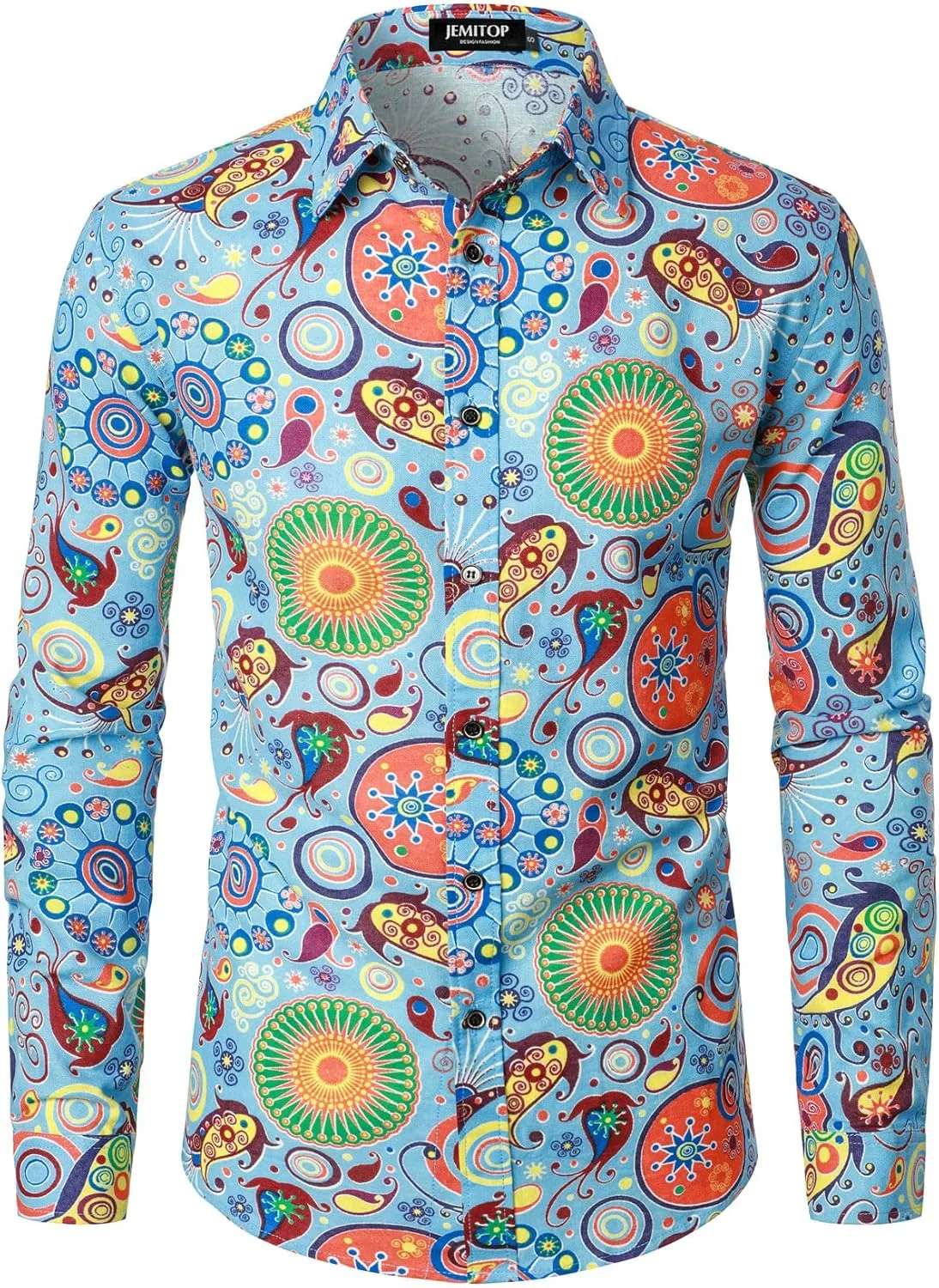 Men's Cotton Linen Vintage 70s Hippie Pattern Printed Long Sleeve Button Down Shirts for Disco Party
