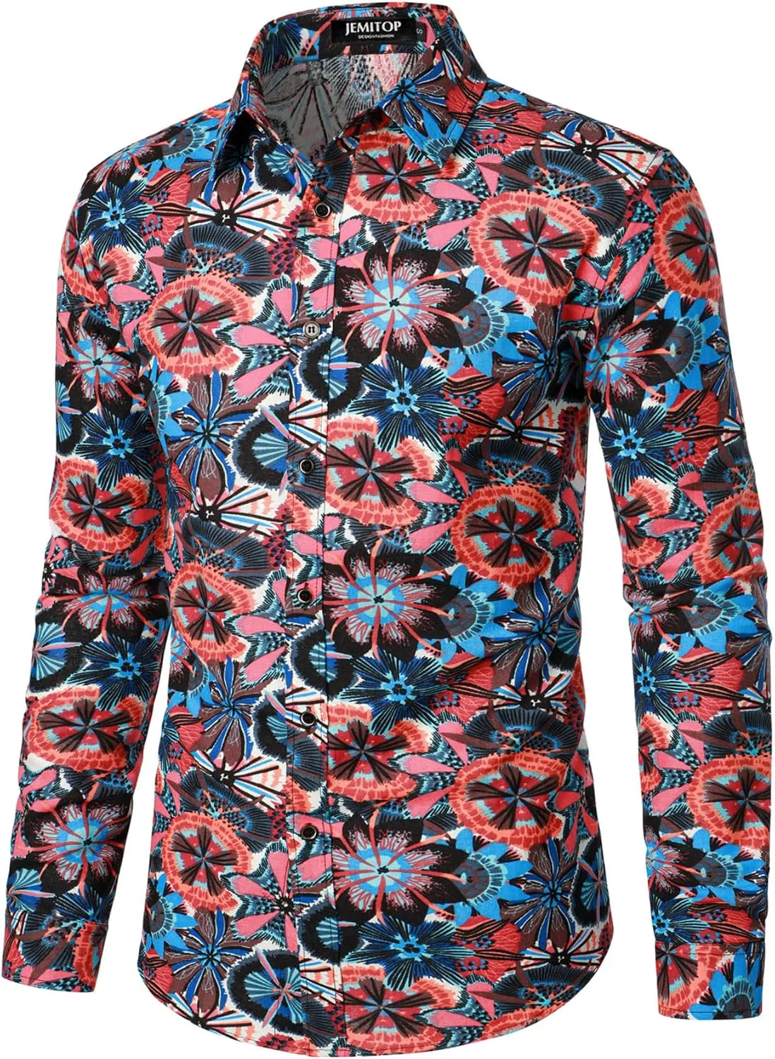 Men's Cotton Linen Vintage 70s Hippie Pattern Printed Long Sleeve Button Down Shirts for Disco Party