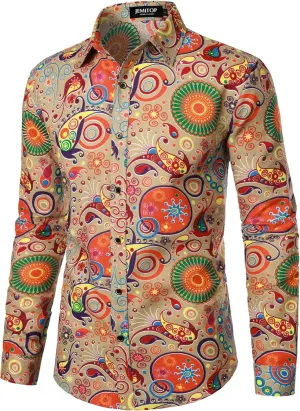 Men's Cotton Linen Vintage 70s Hippie Pattern Printed Long Sleeve Button Down Shirts for Disco Party