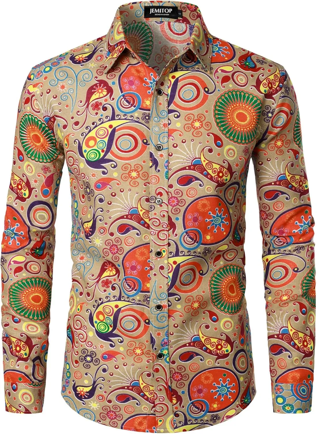 Men's Cotton Linen Vintage 70s Hippie Pattern Printed Long Sleeve Button Down Shirts for Disco Party