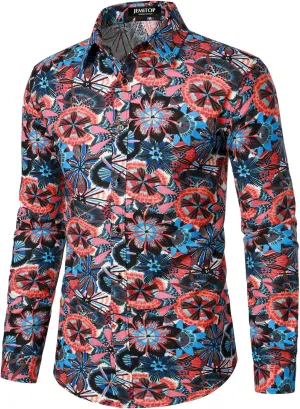 Men's Cotton Linen Vintage 70s Hippie Pattern Printed Long Sleeve Button Down Shirts for Disco Party