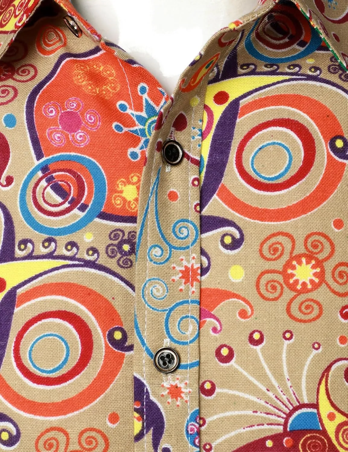 Men's Cotton Linen Vintage 70s Hippie Pattern Printed Long Sleeve Button Down Shirts for Disco Party