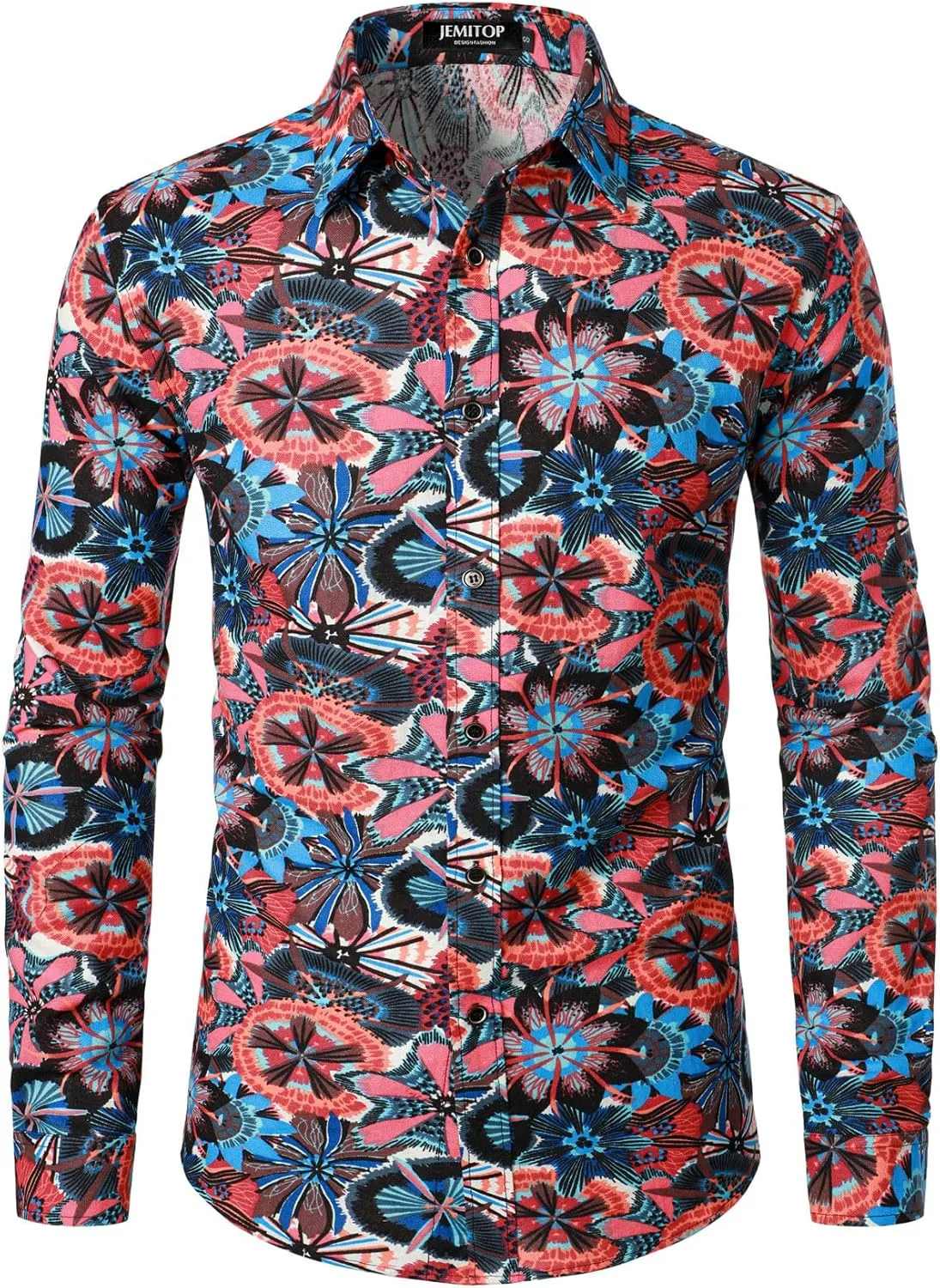 Men's Cotton Linen Vintage 70s Hippie Pattern Printed Long Sleeve Button Down Shirts for Disco Party