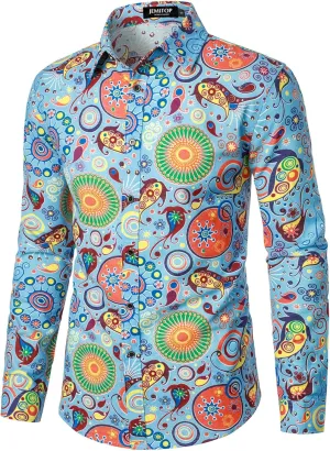 Men's Cotton Linen Vintage 70s Hippie Pattern Printed Long Sleeve Button Down Shirts for Disco Party