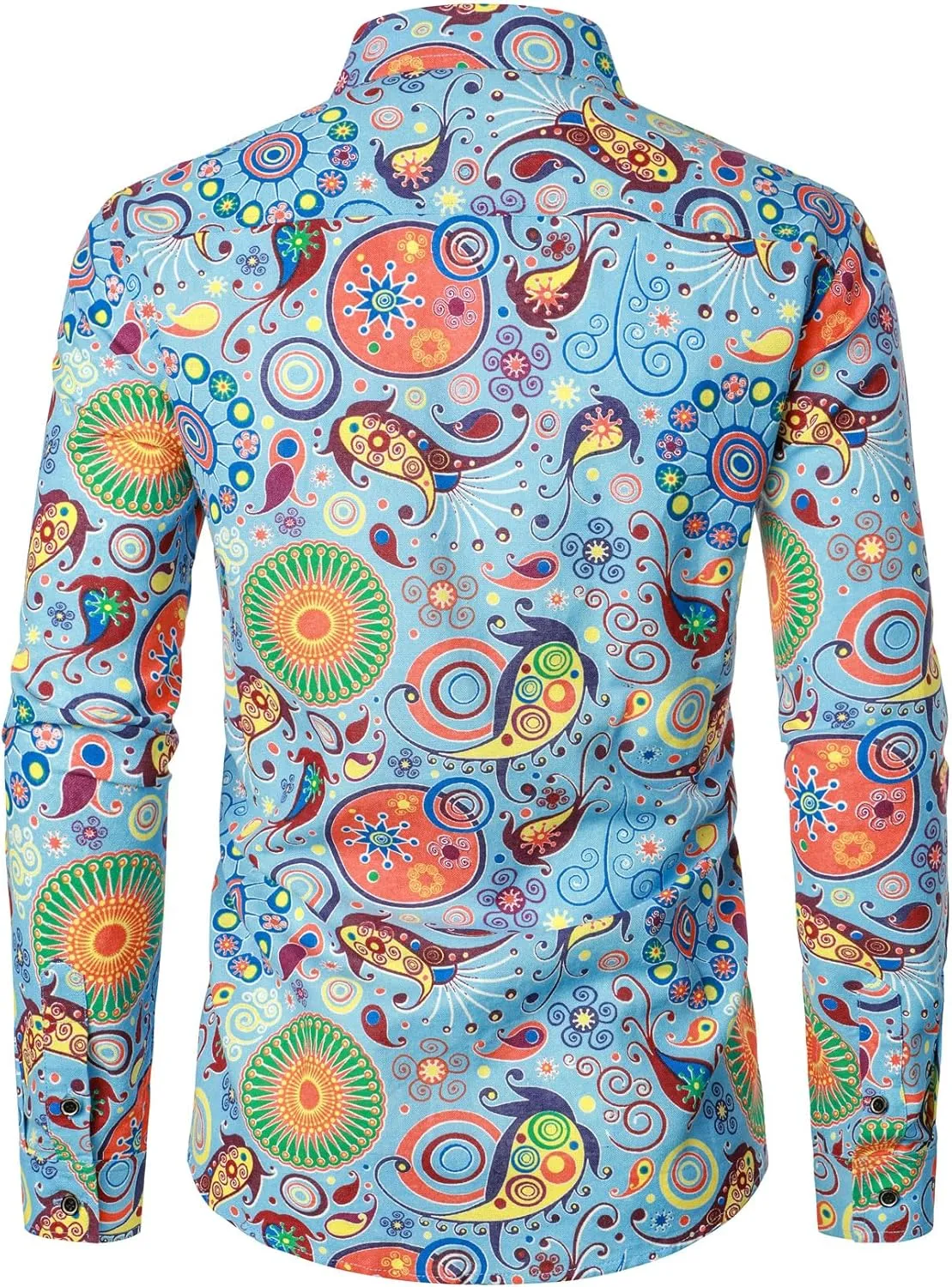 Men's Cotton Linen Vintage 70s Hippie Pattern Printed Long Sleeve Button Down Shirts for Disco Party