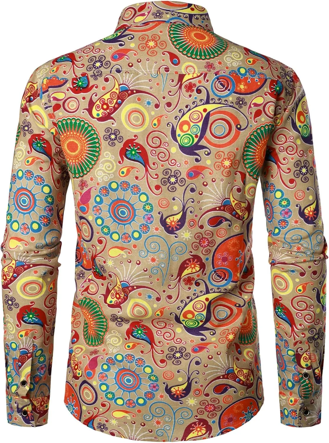 Men's Cotton Linen Vintage 70s Hippie Pattern Printed Long Sleeve Button Down Shirts for Disco Party