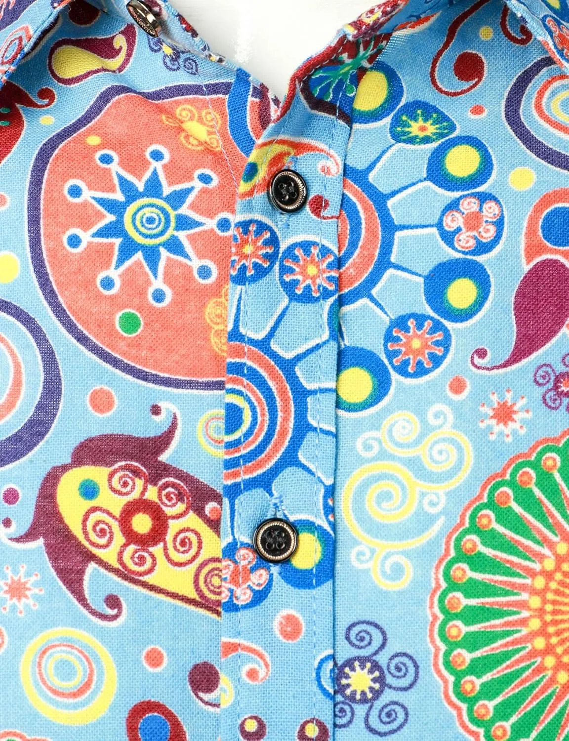 Men's Cotton Linen Vintage 70s Hippie Pattern Printed Long Sleeve Button Down Shirts for Disco Party