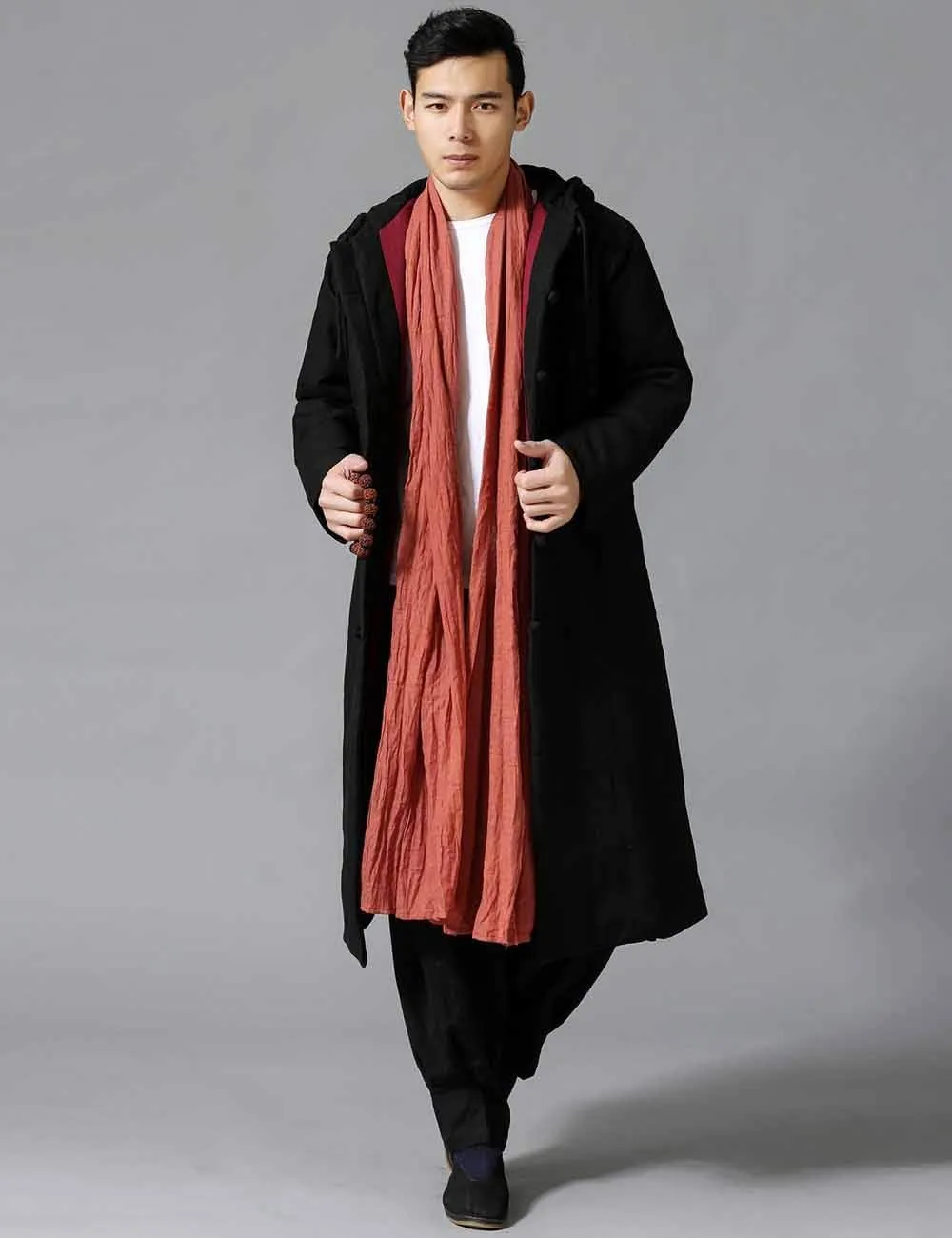 Mens Cotton Padded Winter Jacket Hooded Warm Parka Coat Chinese Style Long Trench Windbreakers