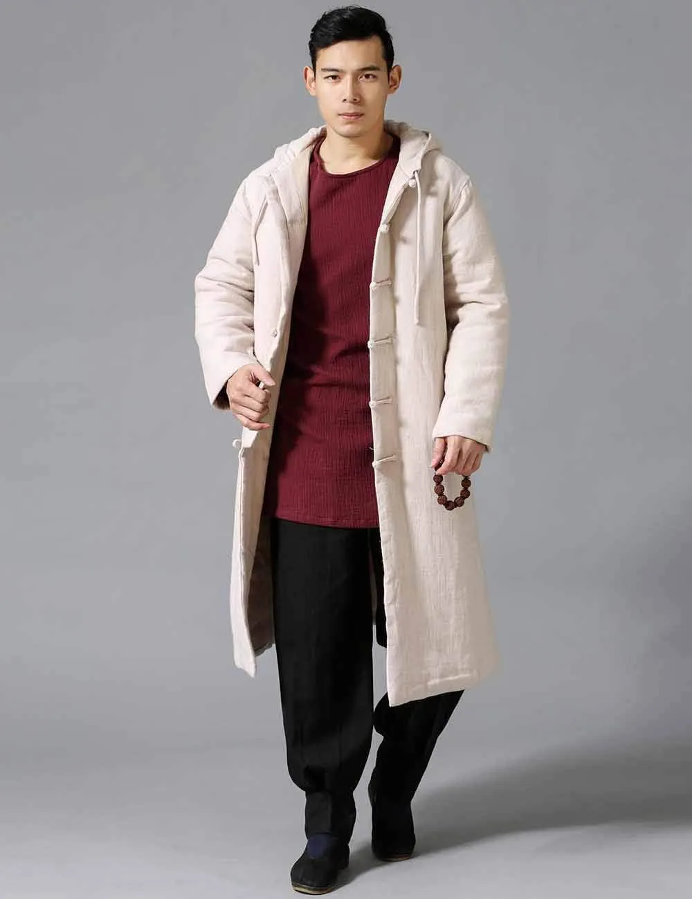Mens Cotton Padded Winter Jacket Hooded Warm Parka Coat Chinese Style Long Trench Windbreakers