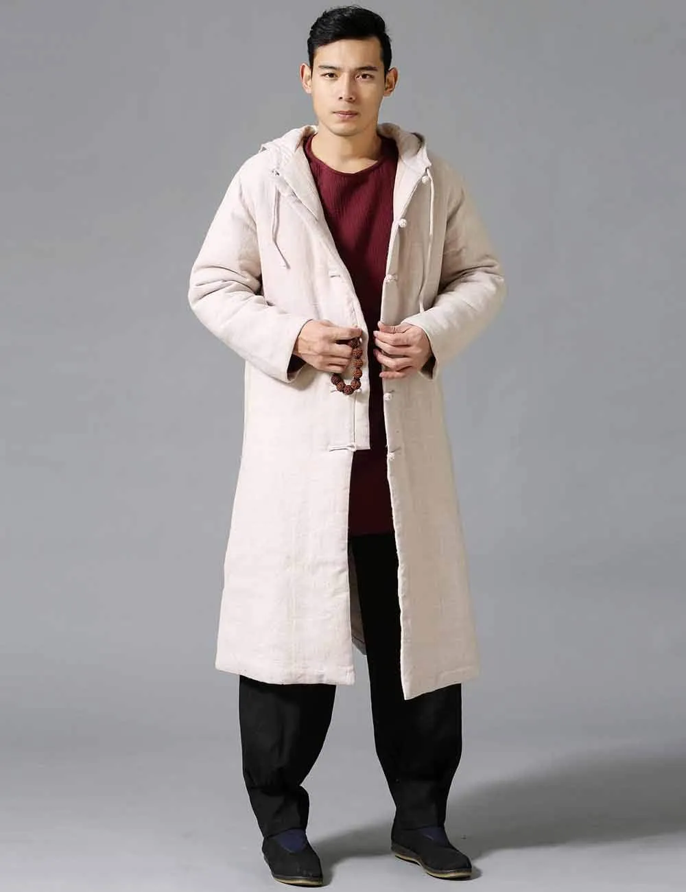Mens Cotton Padded Winter Jacket Hooded Warm Parka Coat Chinese Style Long Trench Windbreakers