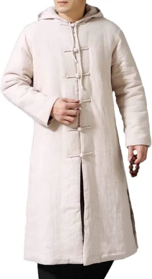 Mens Cotton Padded Winter Jacket Hooded Warm Parka Coat Chinese Style Long Trench Windbreakers