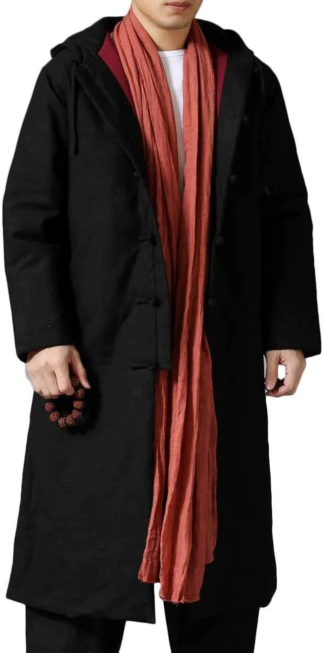 Mens Cotton Padded Winter Jacket Hooded Warm Parka Coat Chinese Style Long Trench Windbreakers