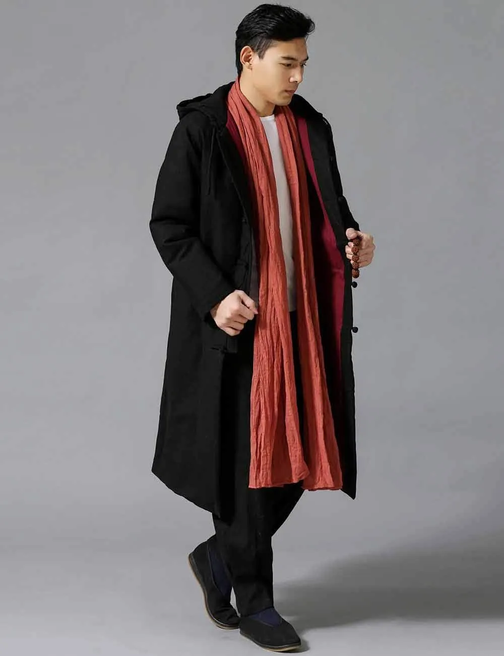 Mens Cotton Padded Winter Jacket Hooded Warm Parka Coat Chinese Style Long Trench Windbreakers