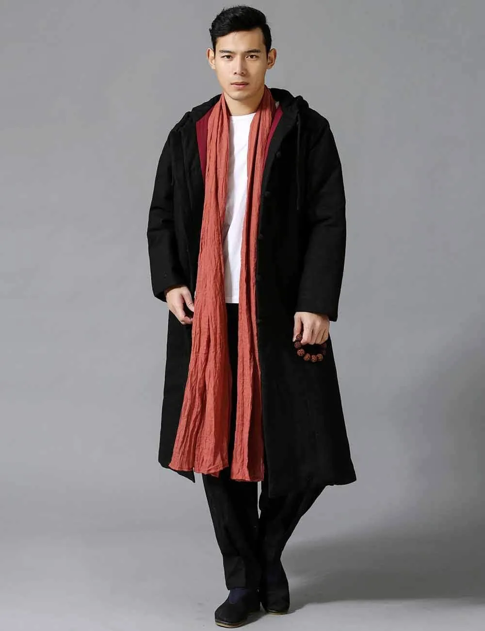 Mens Cotton Padded Winter Jacket Hooded Warm Parka Coat Chinese Style Long Trench Windbreakers