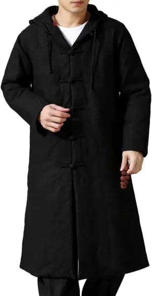 Mens Cotton Padded Winter Jacket Hooded Warm Parka Coat Chinese Style Long Trench Windbreakers