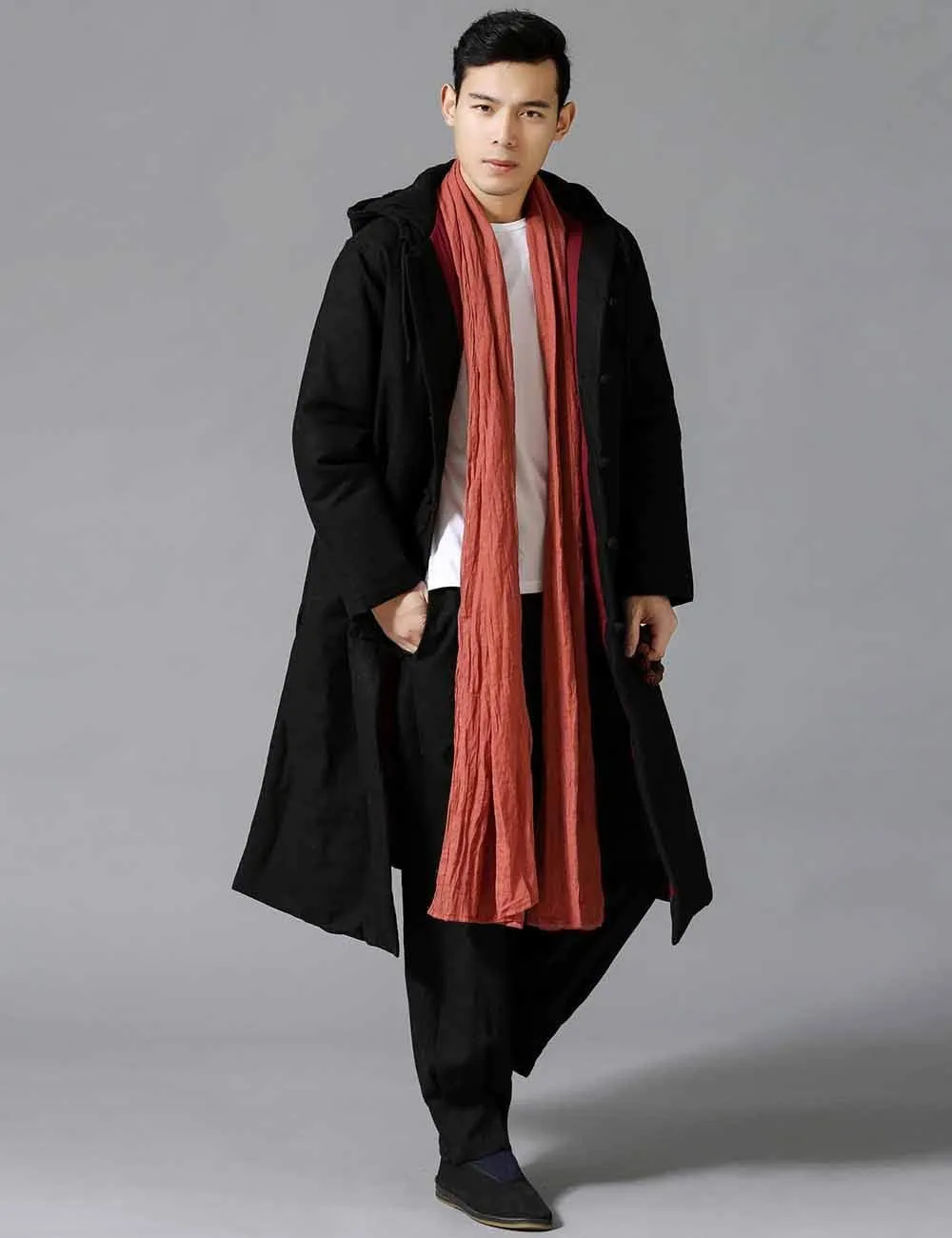 Mens Cotton Padded Winter Jacket Hooded Warm Parka Coat Chinese Style Long Trench Windbreakers