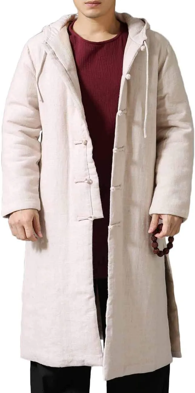 Mens Cotton Padded Winter Jacket Hooded Warm Parka Coat Chinese Style Long Trench Windbreakers