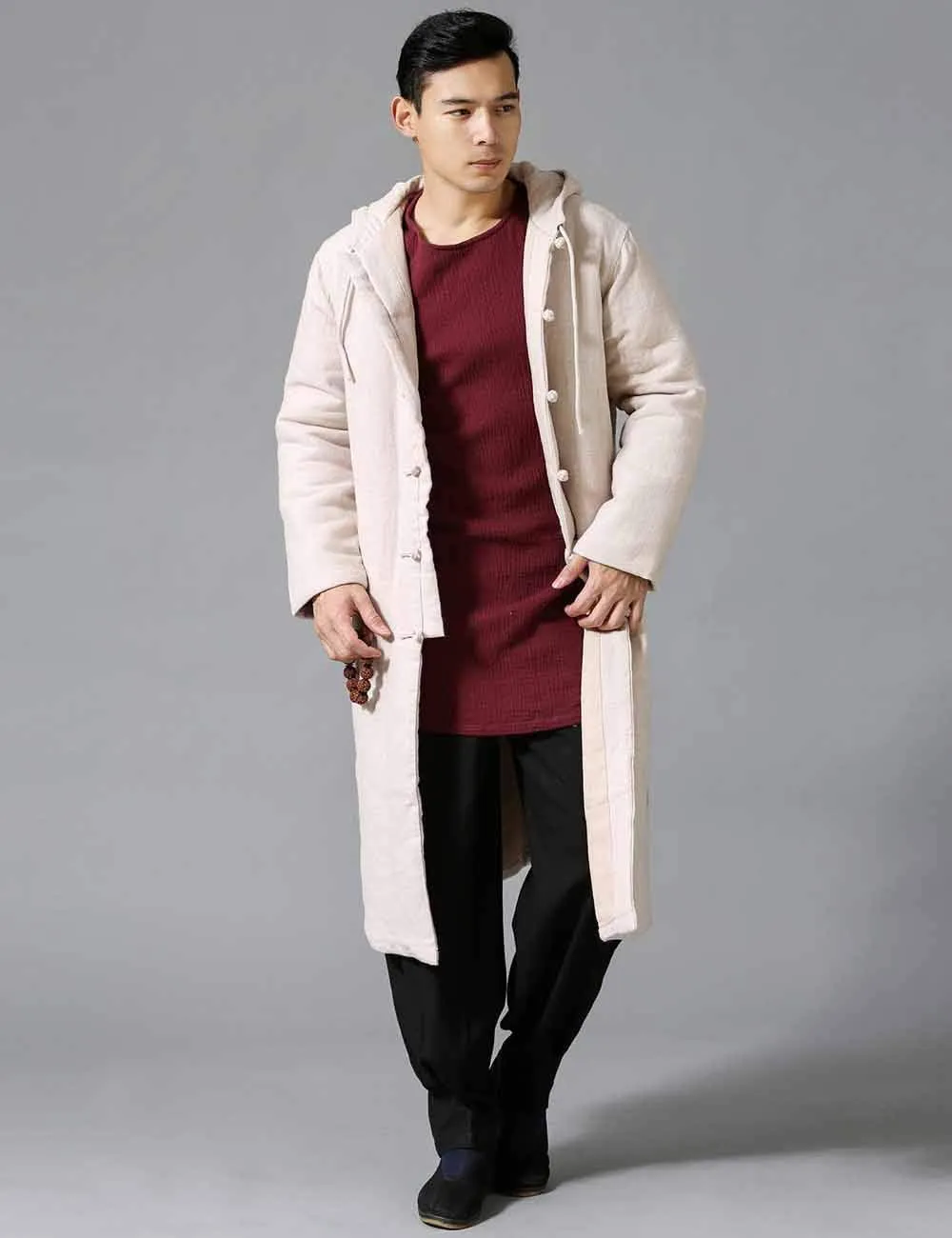 Mens Cotton Padded Winter Jacket Hooded Warm Parka Coat Chinese Style Long Trench Windbreakers